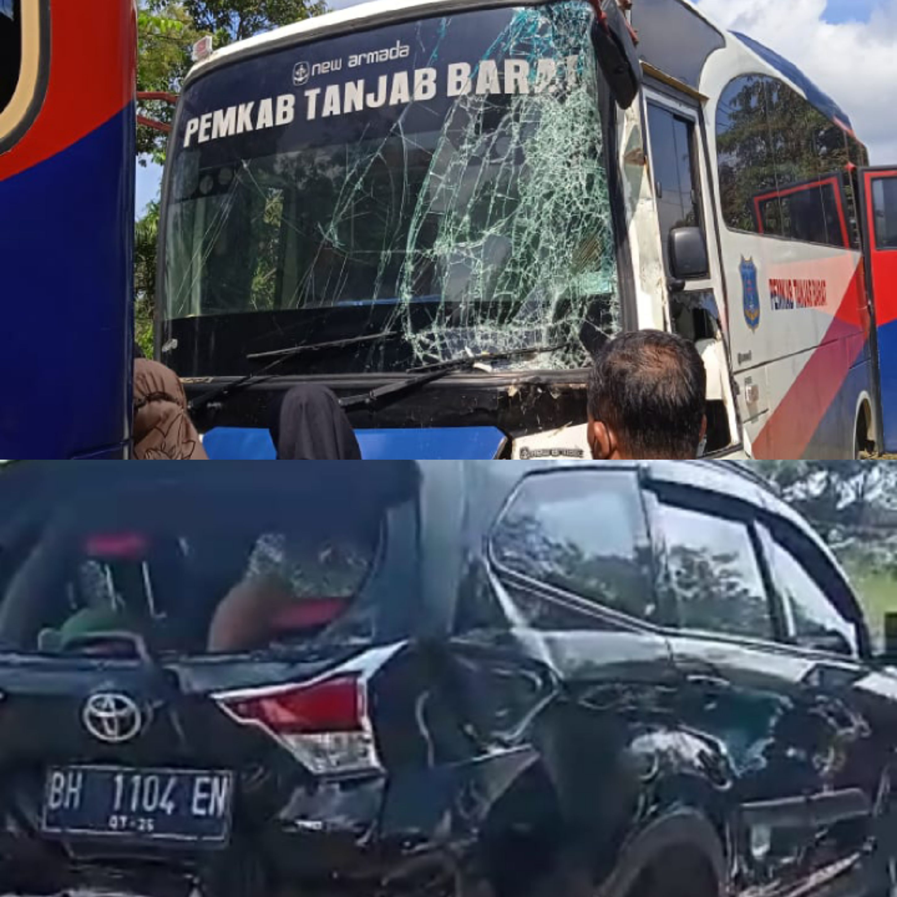 Bus Pemkab Tanjab Barat Tabrak Mobil Terios Sampai Penyok