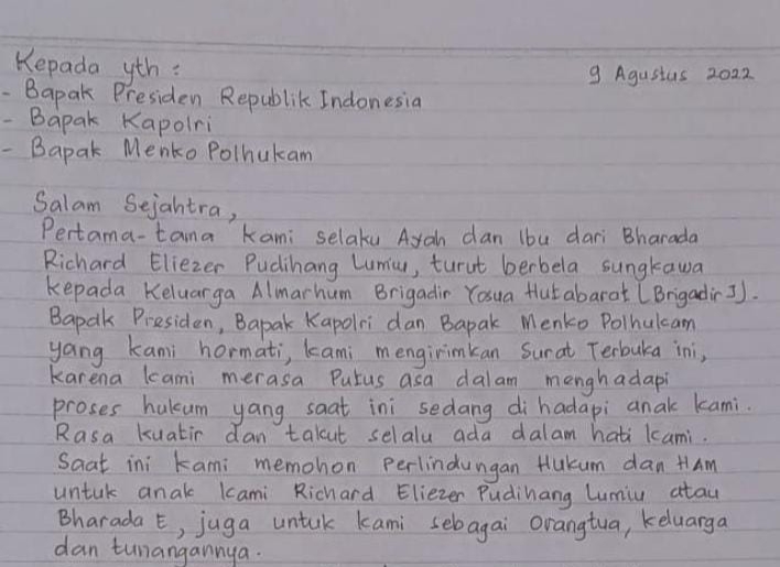 Beredar Surat Terbuka Orang Tua Bharada E Untuk Presiden, Kapolri dan Menkopolhukam