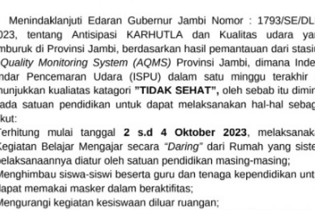 Kabut Asap di Jambi Semakin Tebal, Disdik Liburkan Sekolah