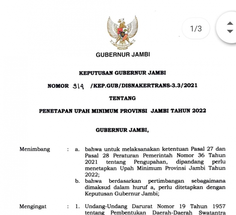 Upah Minimum Provinsi Jambi 2022 Telah Ditetapkan, Ini Jumlahnya!