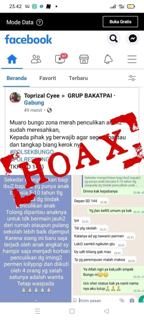 Marak Beredar di Medsos Penculikan Anak di Bungo Ternyata HOAX