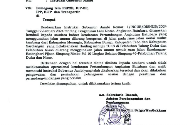 Pemprov Jambi Keluarkan Penegasan Soal Angkutan Batubara Dilarang Lewat Jalan Umum